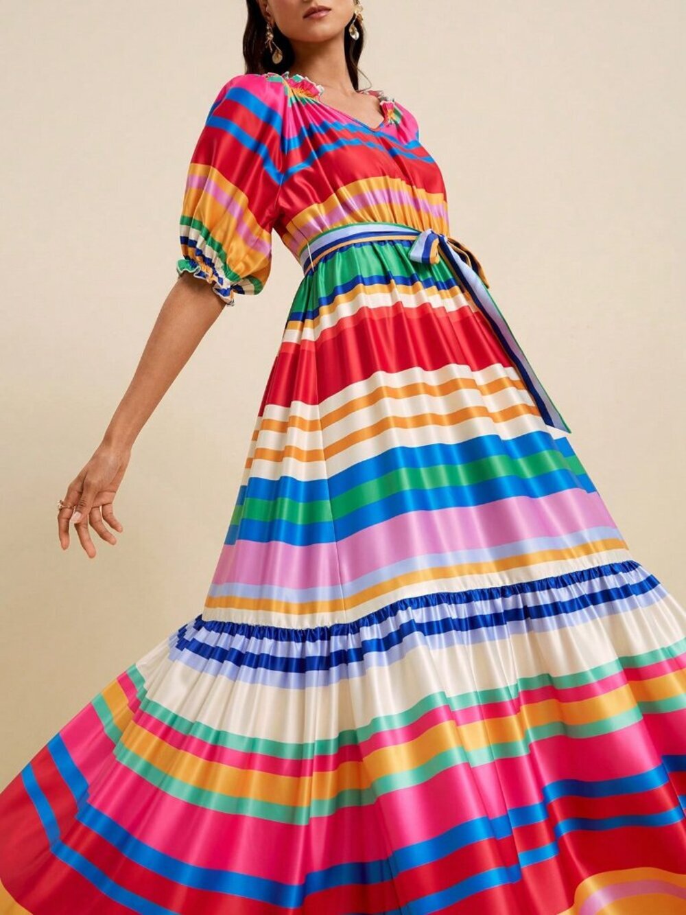 Multicolor Boho Women's V-Neck Puff Sleeve Waist Tie Striped Long Dress